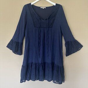 Women L Navy Blue Tiered Cottagecore Dress Lace Bell Sleeve Boho Hippie Fall
